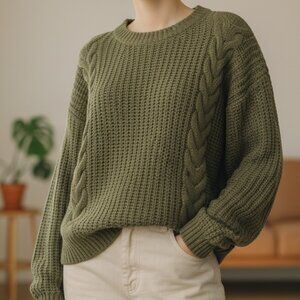 SO Women’s Medium Army Green Cable Knit Chenille Cropped Crewneck Sweater